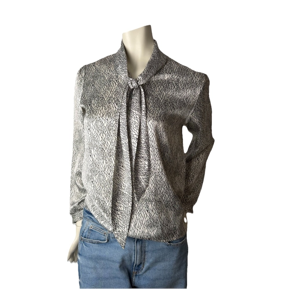 Vintage Koret Bow Tie‎ Blouse White Black Abstract Print Long Sleeve Size 10